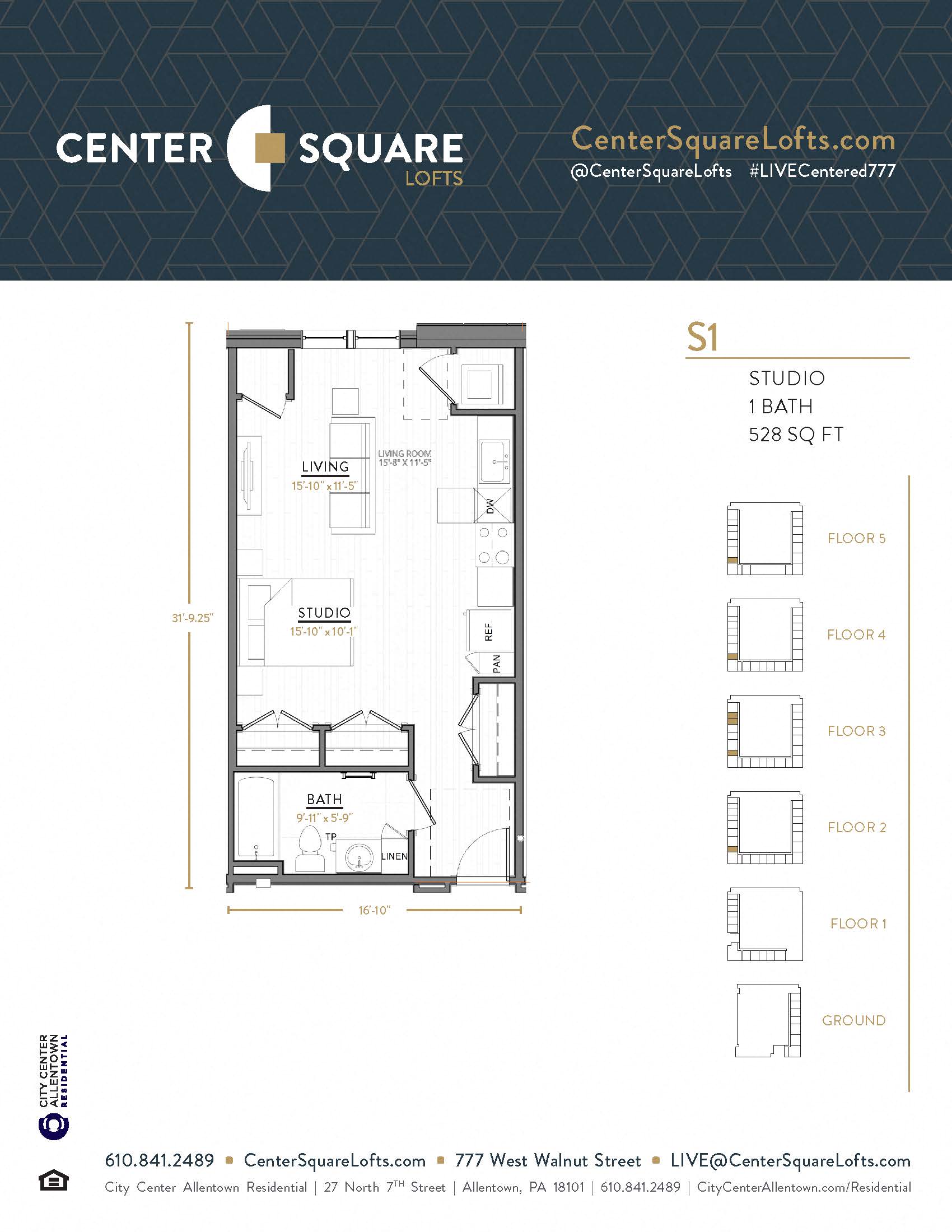 Floor plan for studio, 1 bath, 528 sqft